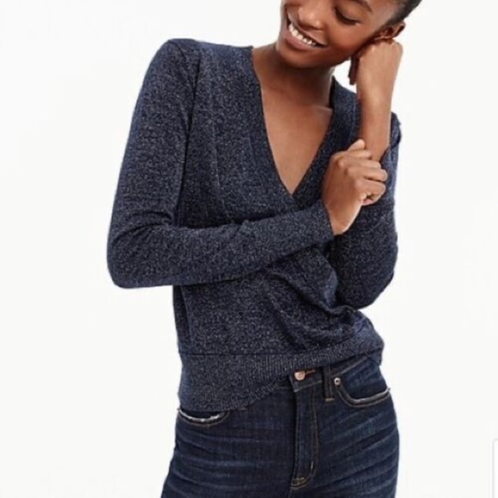 J. Crew Womens Sweater Size S Lurex Wrap Navy Blue/Metallic Silver J3865